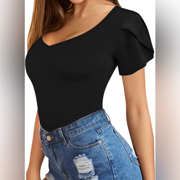 Black V Neck Short Sleeve Tee with Cute Layered Sleeve Detailing - Picture 3 of 6